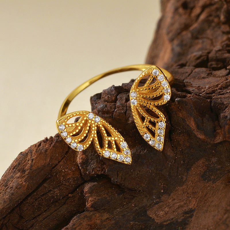 S925 Sterling Silver/Gold Butterfly Ring with Dainty Diamond Detail