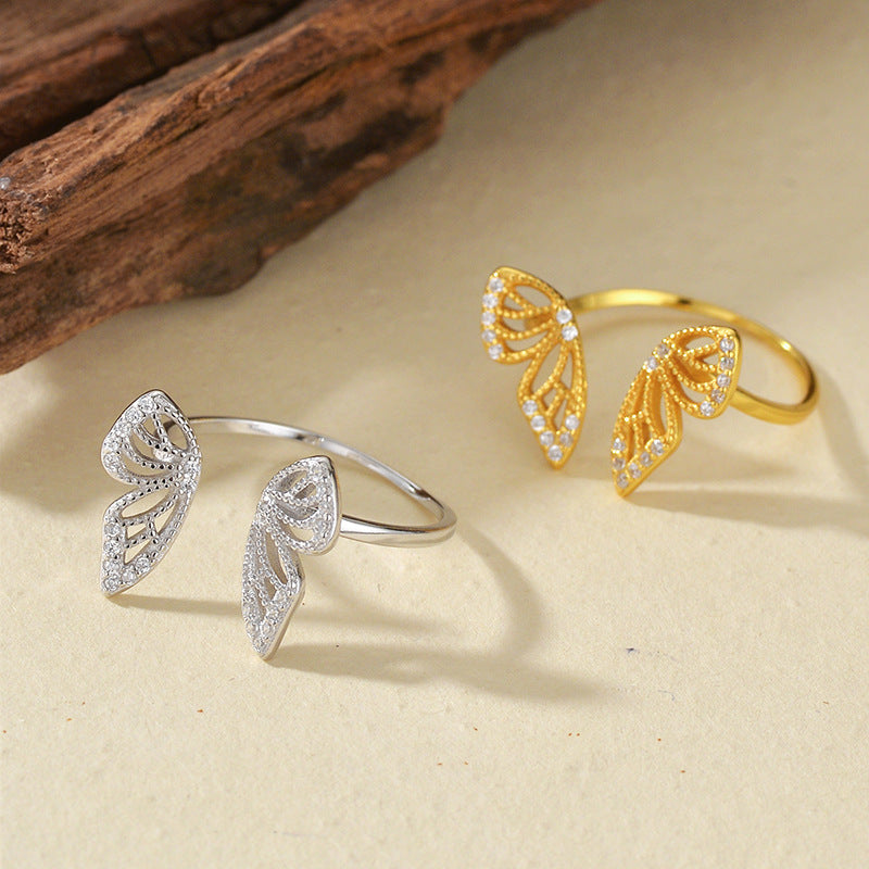 S925 Sterling Silver/Gold Butterfly Ring with Dainty Diamond Detail