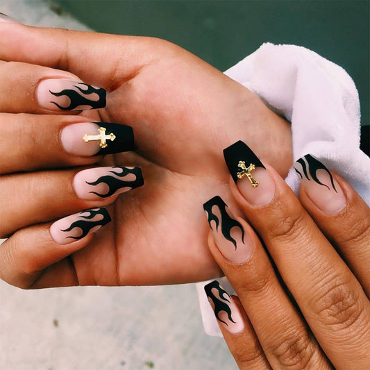 Short Black Flame French Fake Nails – Waterproof, Reusable & Easy to Wear