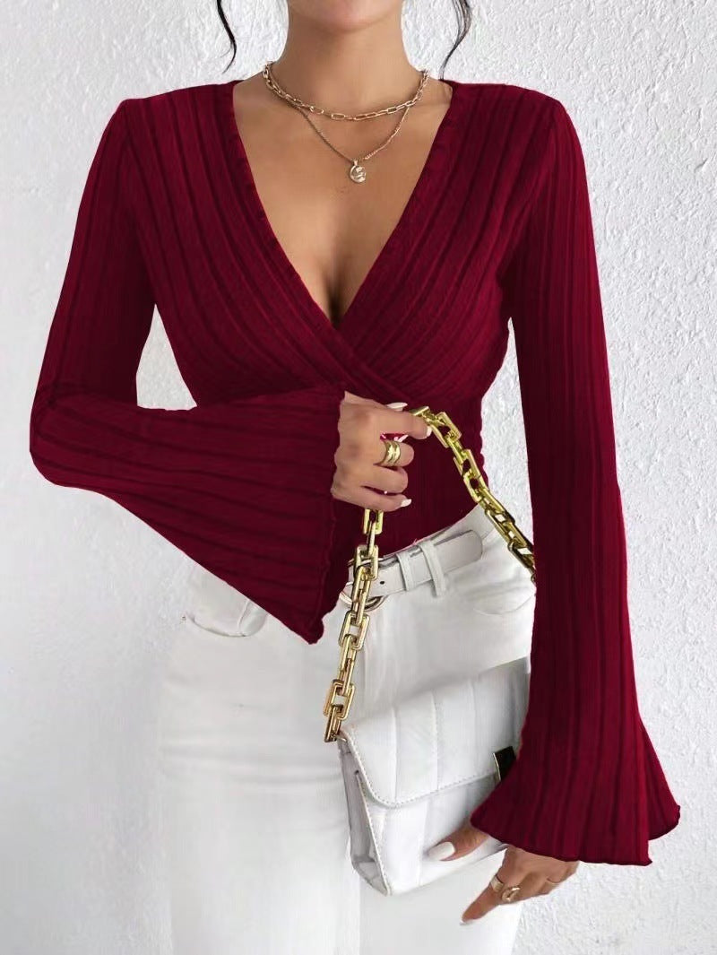 Elegant Ribbed V-Neck Slim-Fit Top With Flared Sleeves