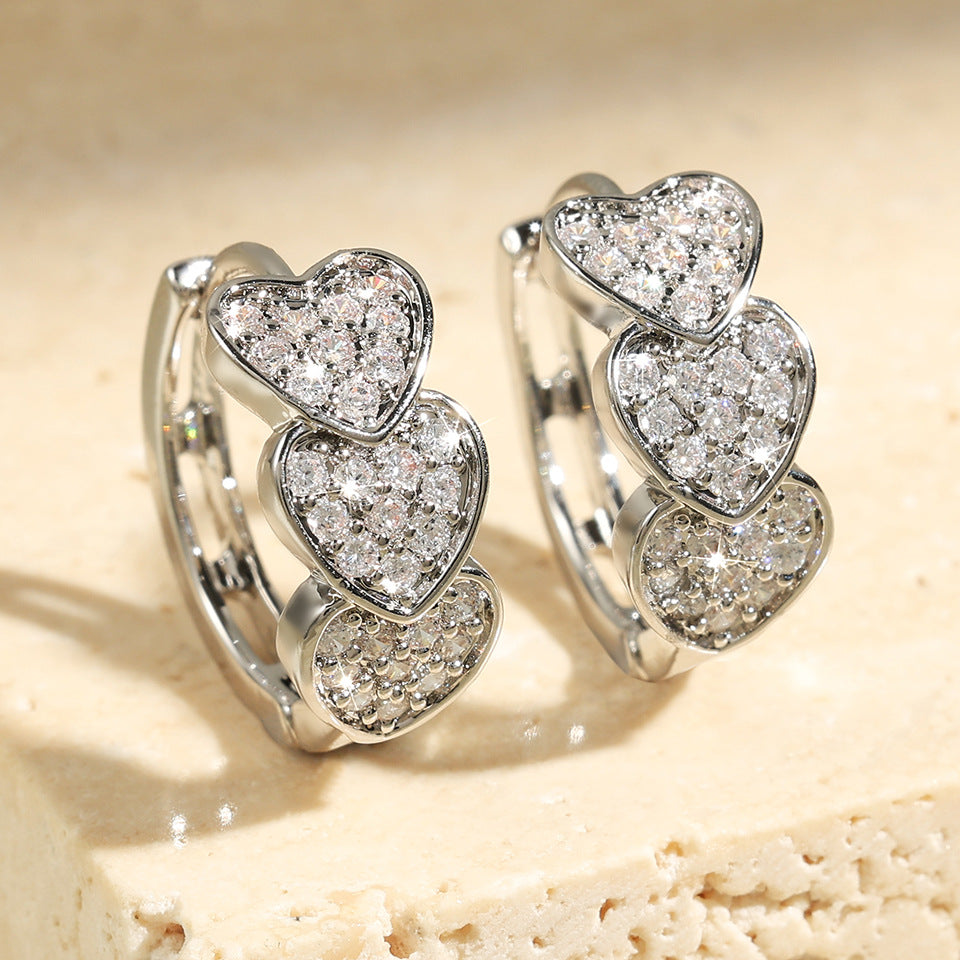 Gold Heart Hoop Earrings – Cubic Zirconia Double Row Statement Design