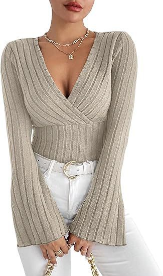 Elegant Ribbed V-Neck Slim-Fit Top With Flared Sleeves