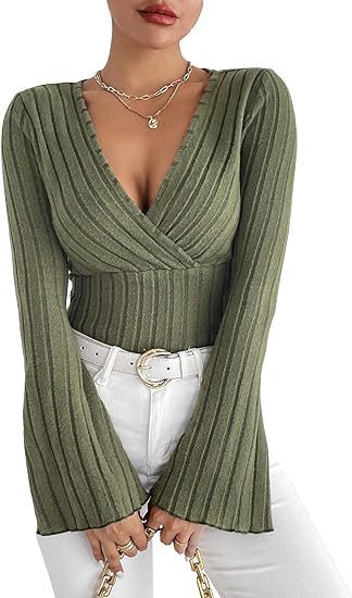 Elegant Ribbed V-Neck Slim-Fit Top With Flared Sleeves