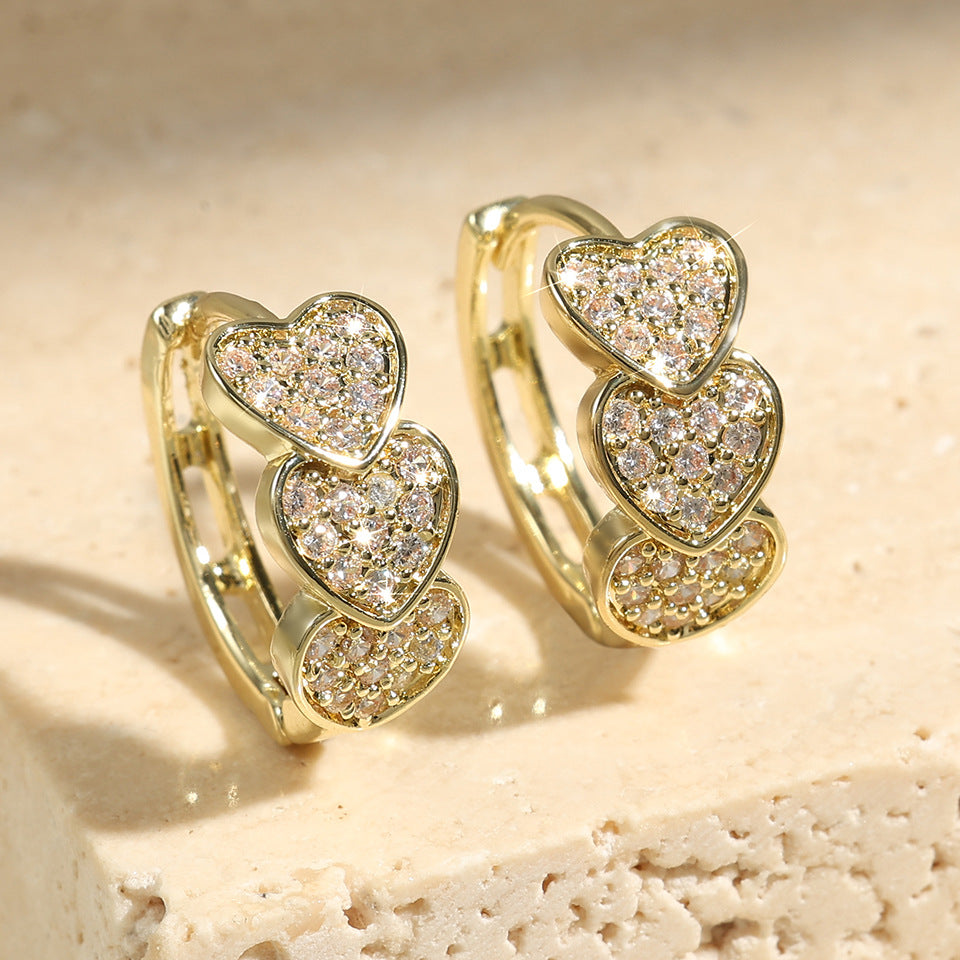 Gold Heart Hoop Earrings – Cubic Zirconia Double Row Statement Design