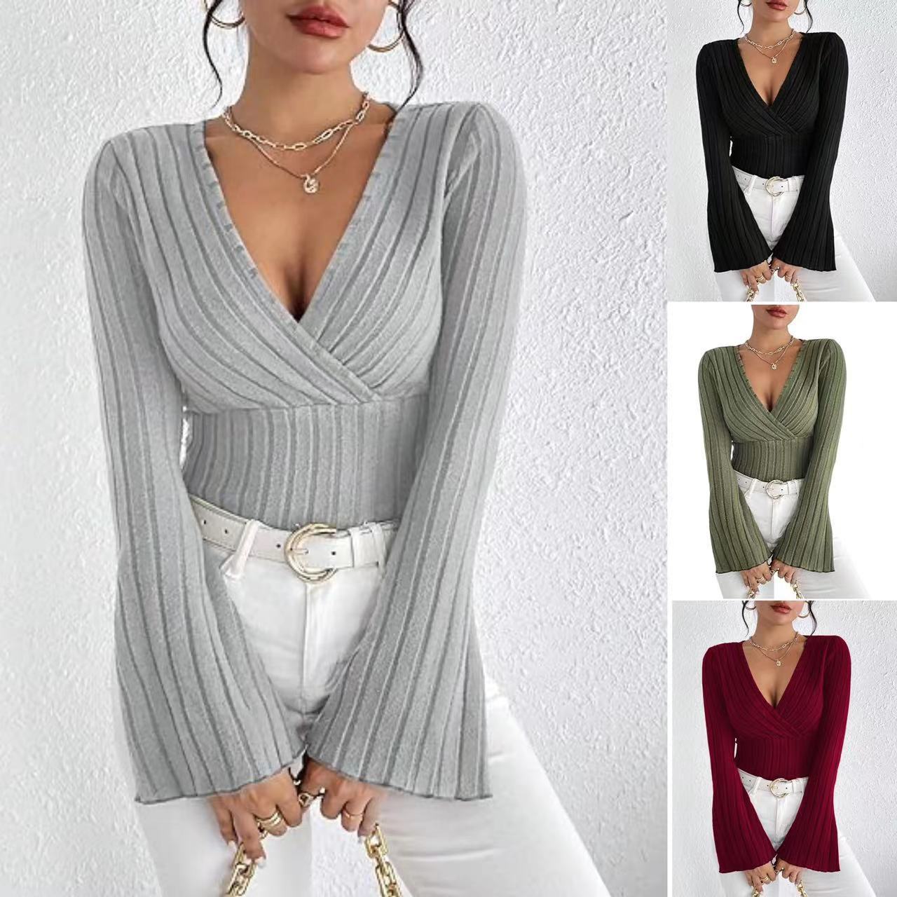 Elegant Ribbed V-Neck Slim-Fit Top With Flared Sleeves