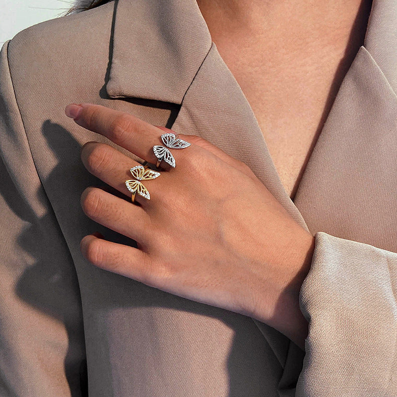 S925 Sterling Silver/Gold Butterfly Ring with Dainty Diamond Detail
