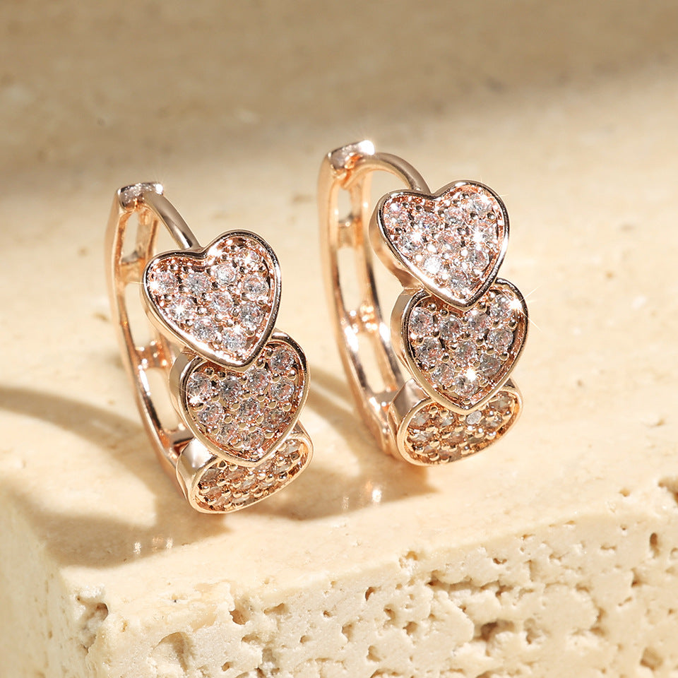 Gold Heart Hoop Earrings – Cubic Zirconia Double Row Statement Design