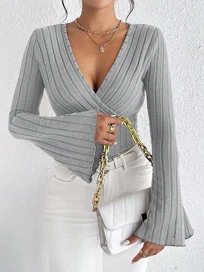 Elegant Ribbed V-Neck Slim-Fit Top With Flared Sleeves